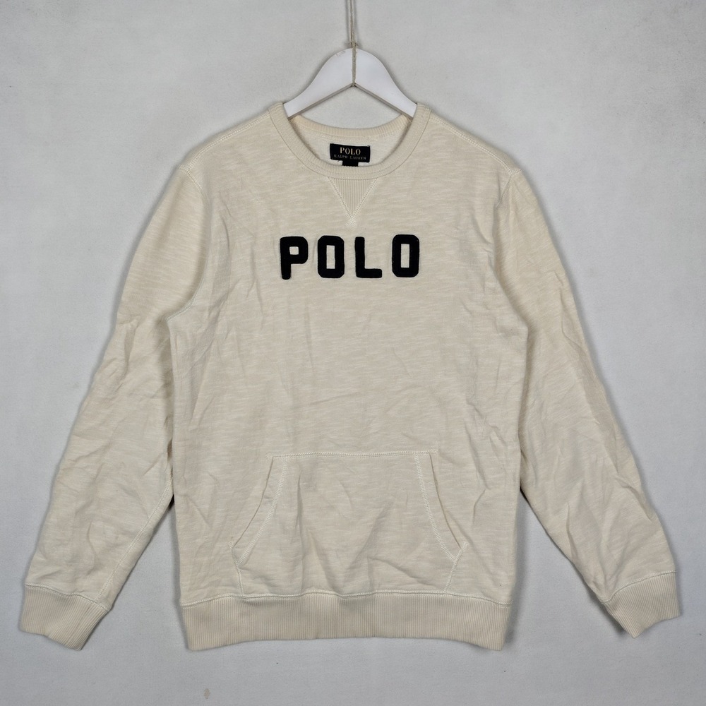 Polo Ralph Lauren Boys XL 18-20 Cream Slub Knit Pullover Sweatshirt Navy Logo